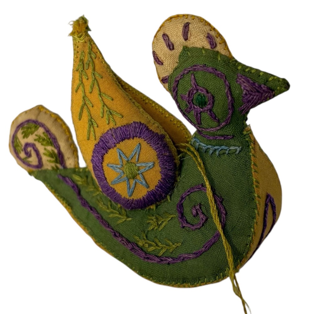 Vintage Handmade Embroidered Fabric Bird Hanging Folk Art Textile Decor Ornament